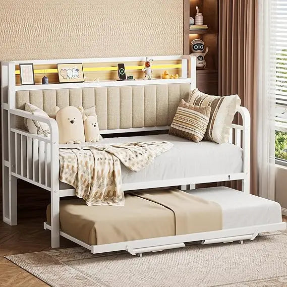 "durable metal daybed with lift trundle, twin bed frame with padded headboard and usb charging port"