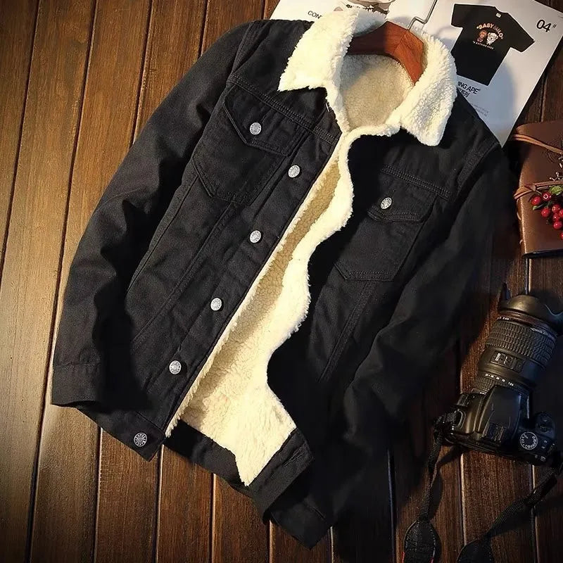 Vintage Sherpa Lined Men’s Trucker Jacket . Warm Casual Denim Coat for Everyday Comfort