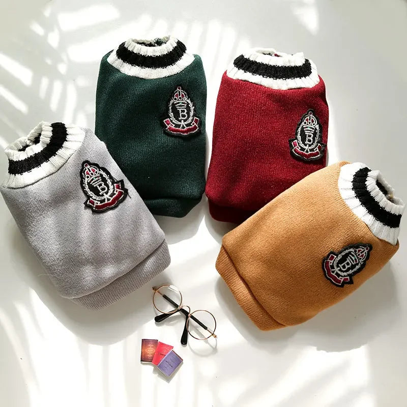 College Style Pet Dog Sweater. Warm Winter Outfit for Small & Medium Dogs