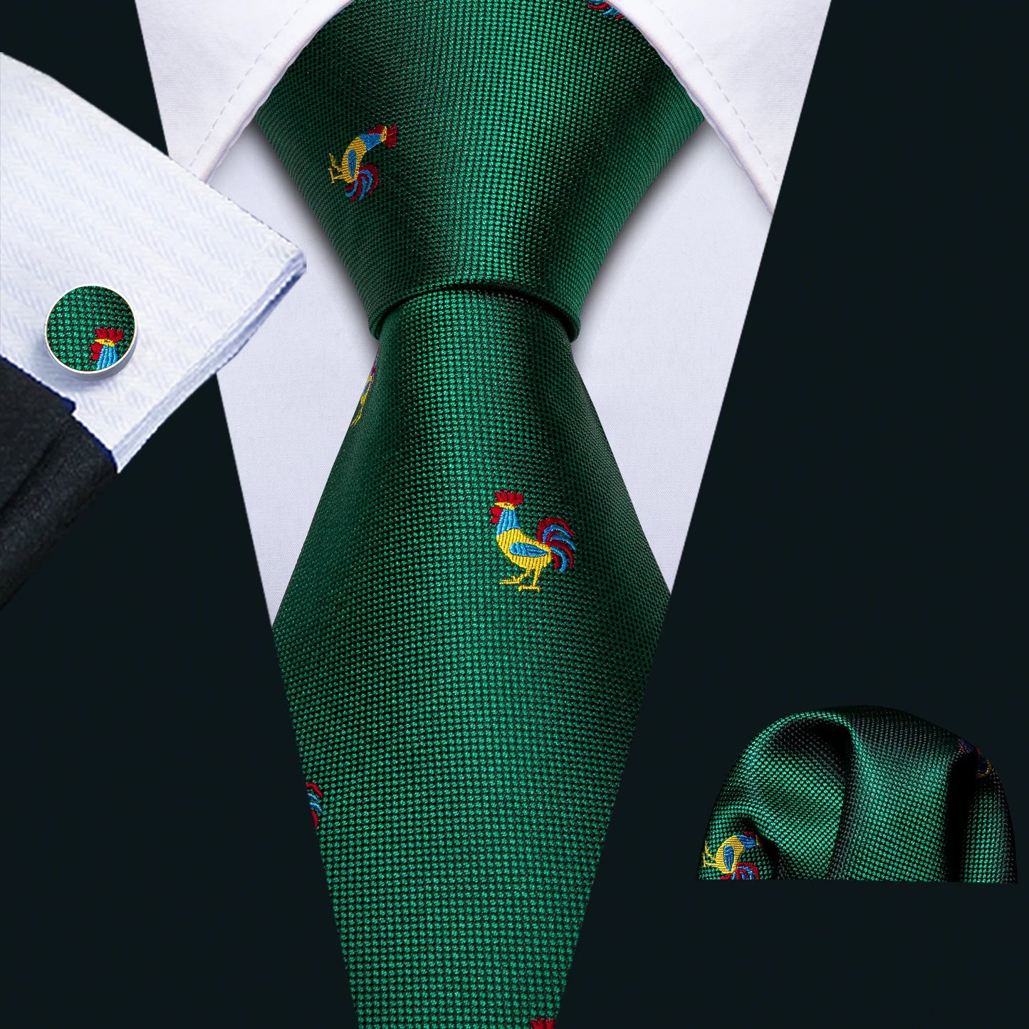 Men’s Luxury Dinosaur Necktie Set . Navy Blue Silk Tie, Pocket Square & Cufflinks for Business, Weddings & Special Events