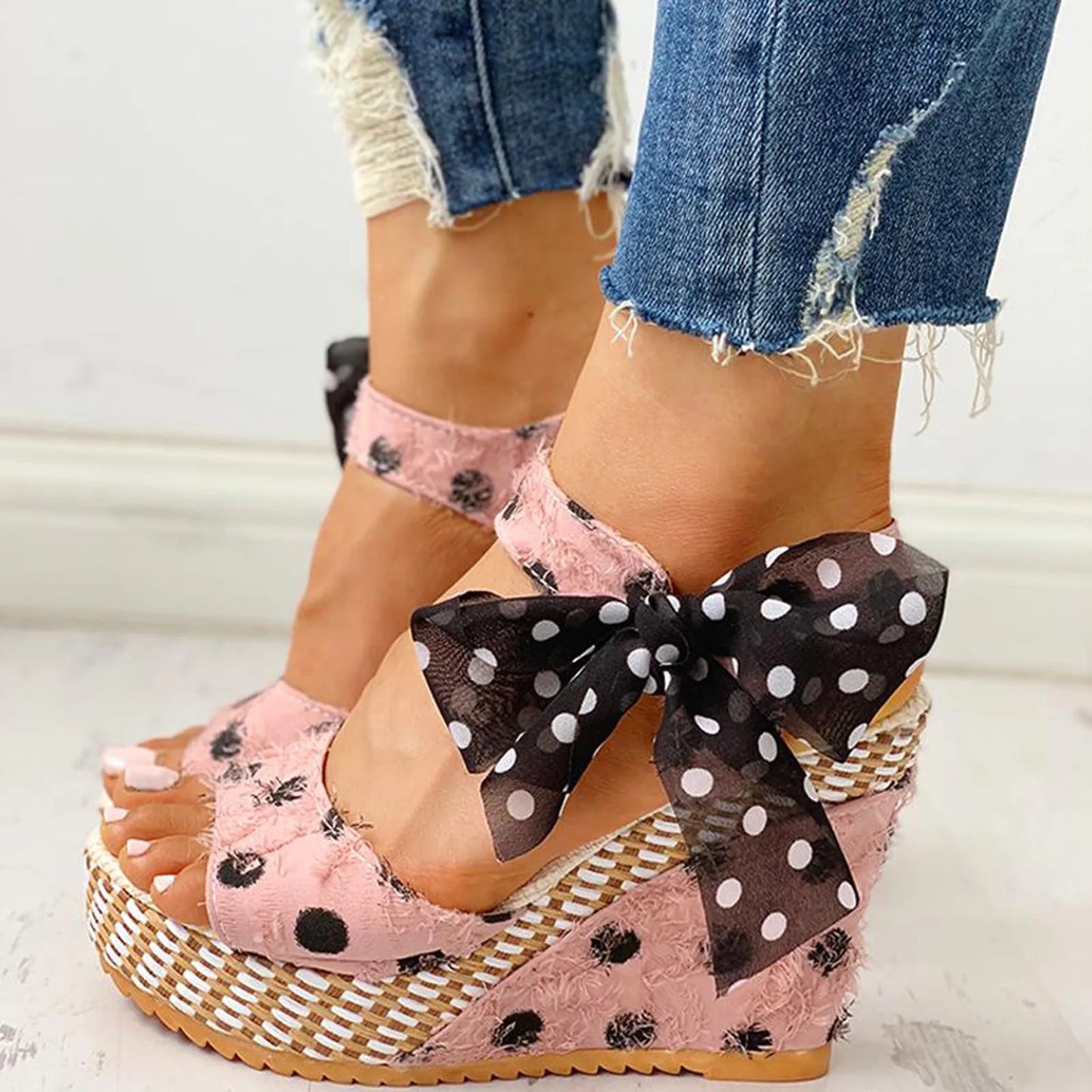 2025 Women Sandals Lace Casual Boknot Soft Wedges Heeled Women Sandals Summer Sandals Party Platform High Heels Shoes Woman