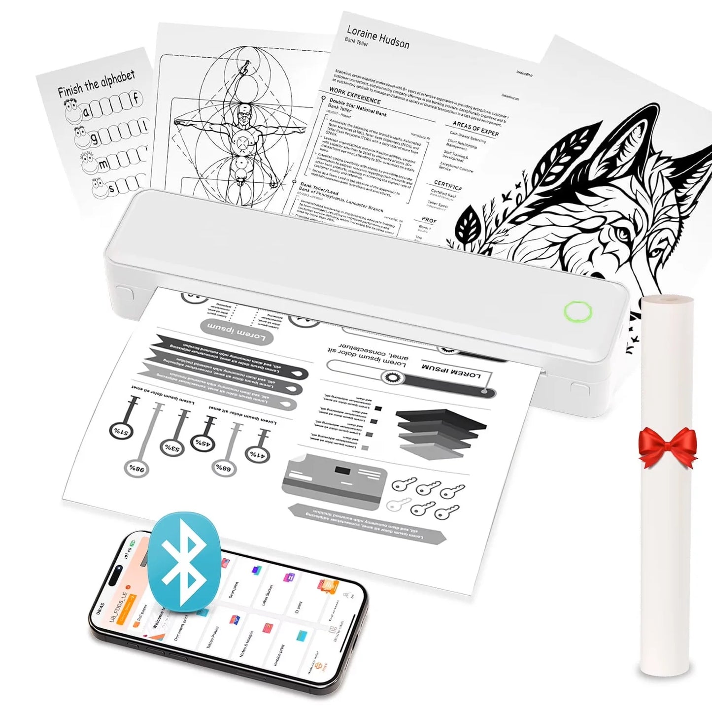 Portable Wireless Thermal Printer for A4, Letter, A5 & B5 Documents, Bluetooth Inkless Mobile Printer for Home, Office & Travel