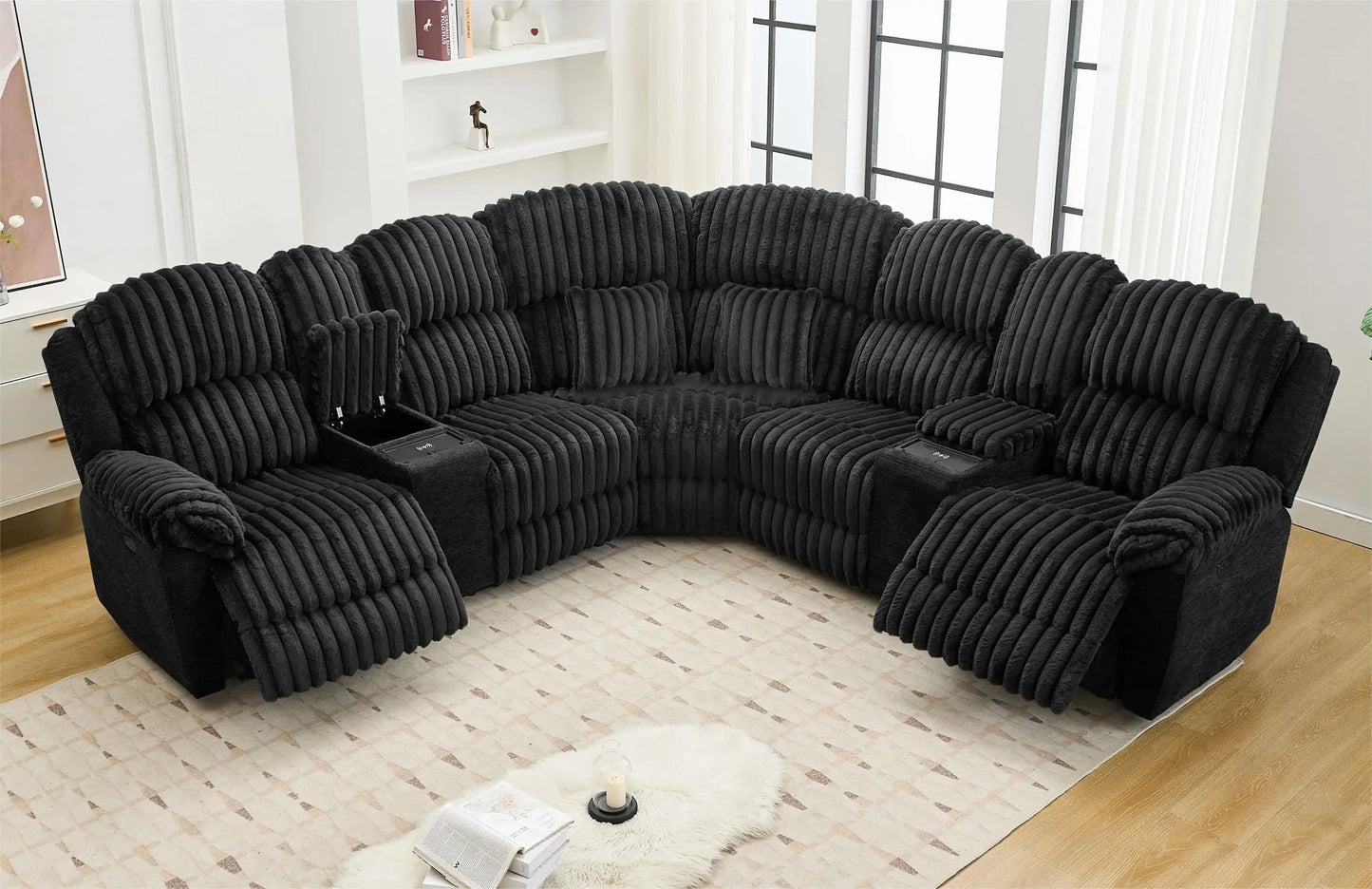 Power Reclining L-Shaped Fuzzy Rabbit Plush 5-Seater Sectional Sofa Set with Wireless Charger, USB Type-C Port & Storage Console