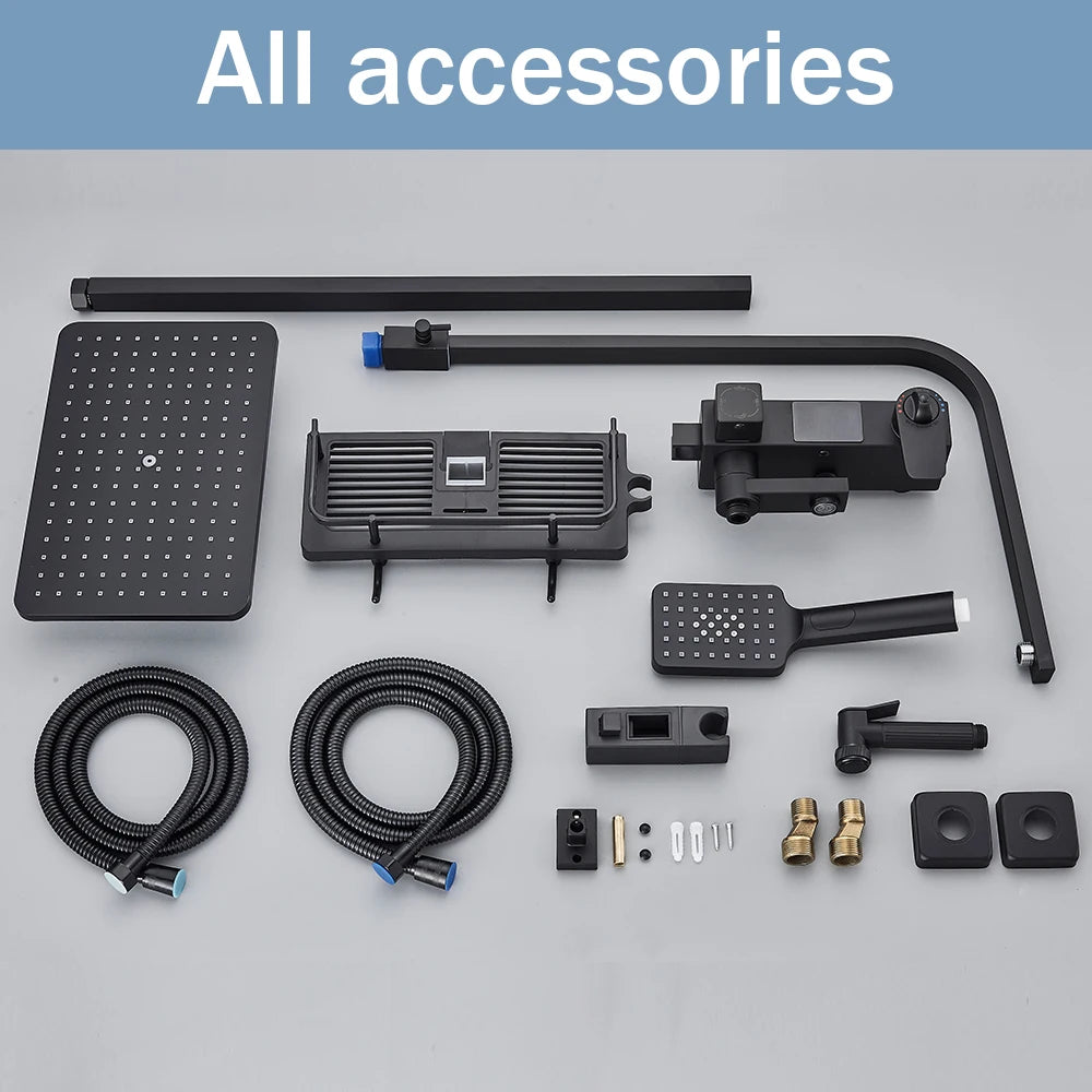 Black Digital Display Thermostatic Shower Faucet 4 Way