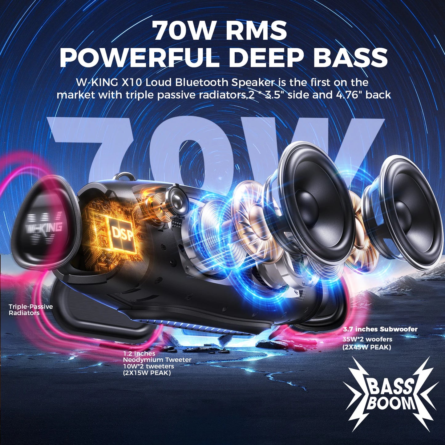 W-KING 70W Portable Bluetooth Speaker with Wireless Microphone, Deep Bass, Bluetooth 5.0 & IPX6 Waterproof