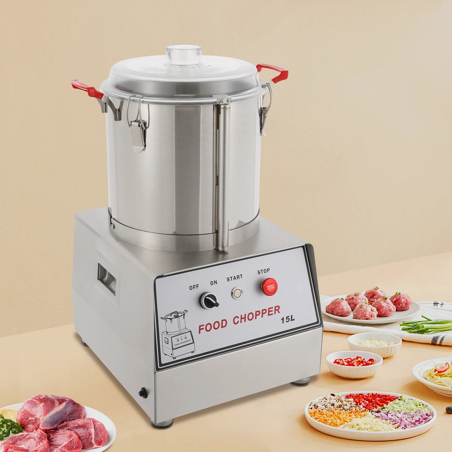 15L 201 Stainless Steel Silver Food Processor Chopping Machine 110V ,Tabletop 1400rpm for Restaurants, Cafeterias