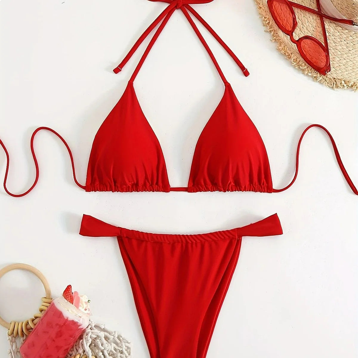 Women’s Red Lace-Up Bikini Set . Push Up Two Piece Beach Swimwear