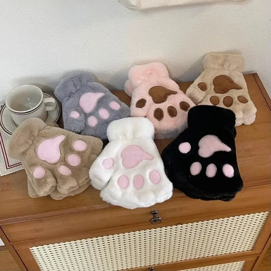 Lovely Plush Cat Claw Paw Gloves Short Fingerless Mittens