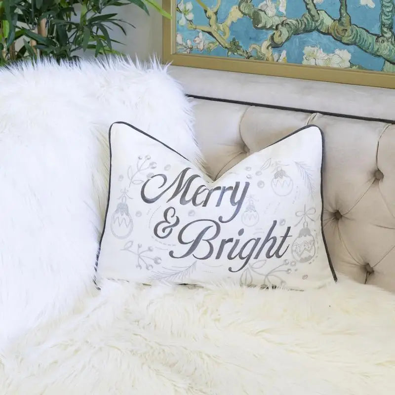 Merry and Bright Christmas Velvet Lumbar Throw Pillow Elegant Holiday Accent Cushion
