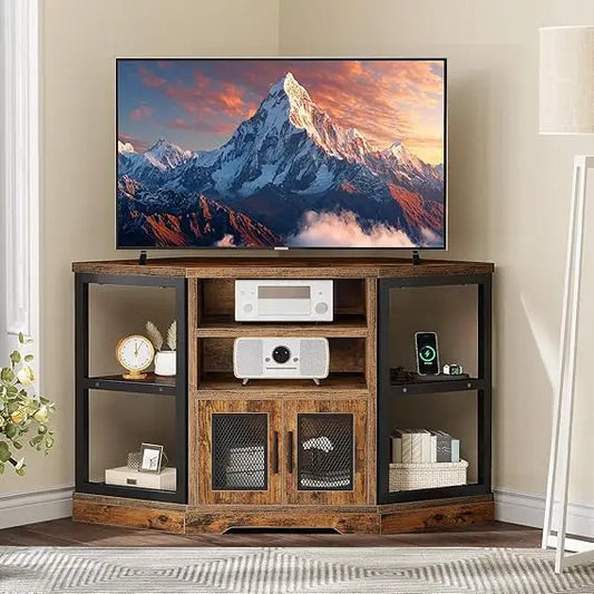 Corner TV Stand for TVs up to 55/50 Inch with Power Outlet, Modern Farmhouse Entertainment Center, Wood TV Media Console with S