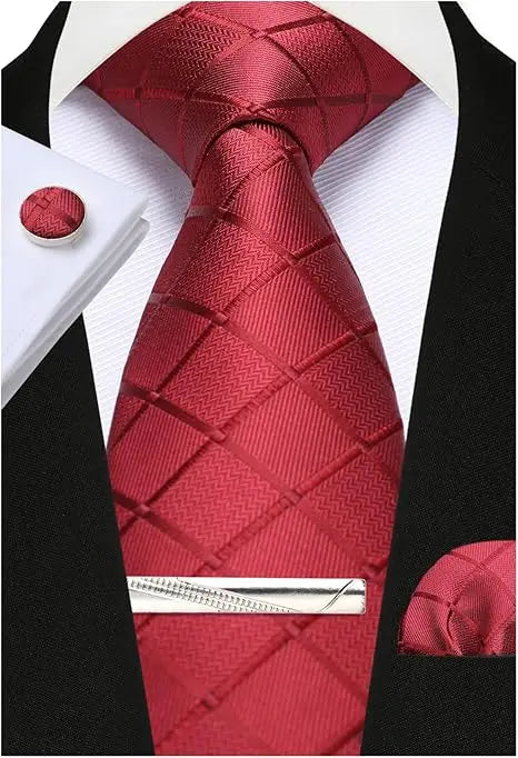 100% Silk Plaid & Checkered Men’s Tie Set with Pocket Square, Tie Clip & Cufflinks. Business & Wedding Necktie Gift Set  Optimized Description