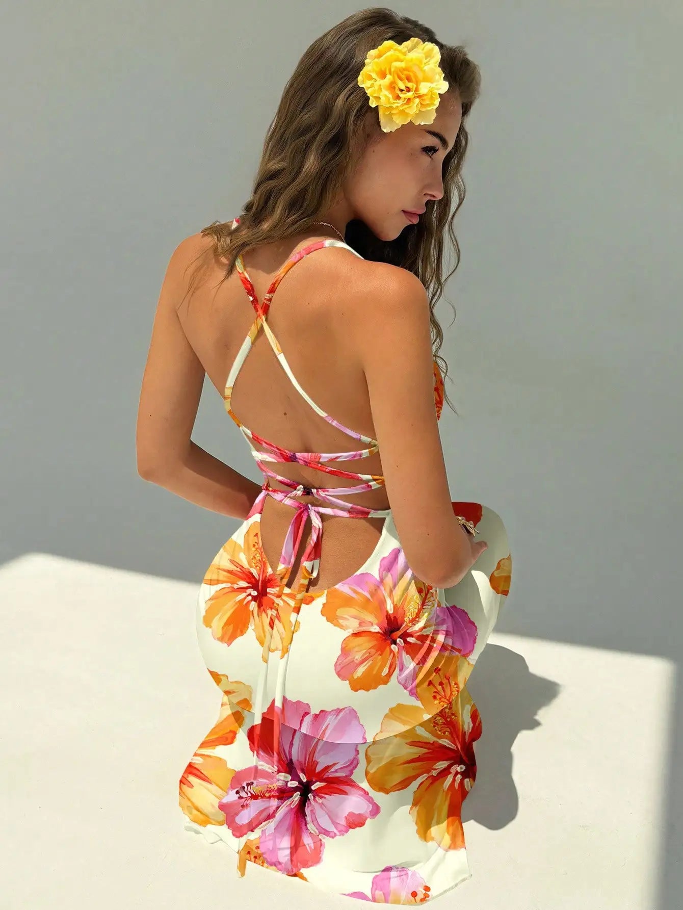 Elegant Pink Orchid Floral Print Backless Tie Strap Maxi Dress For Summer Vacation Beach Festival