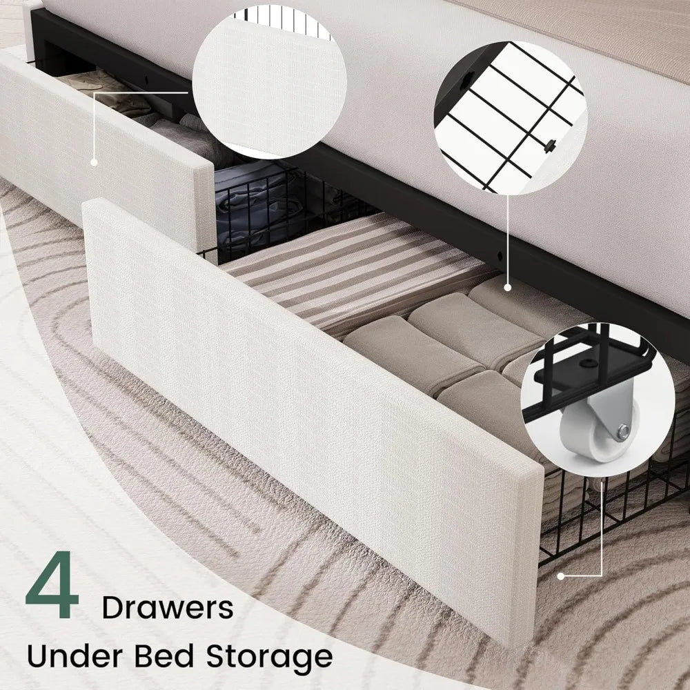 Size Bed Frame with 4 Storage Drawers and Wingback Headboard Linen Upholstered Platform Bed Frame with Wooden Slats, Easy