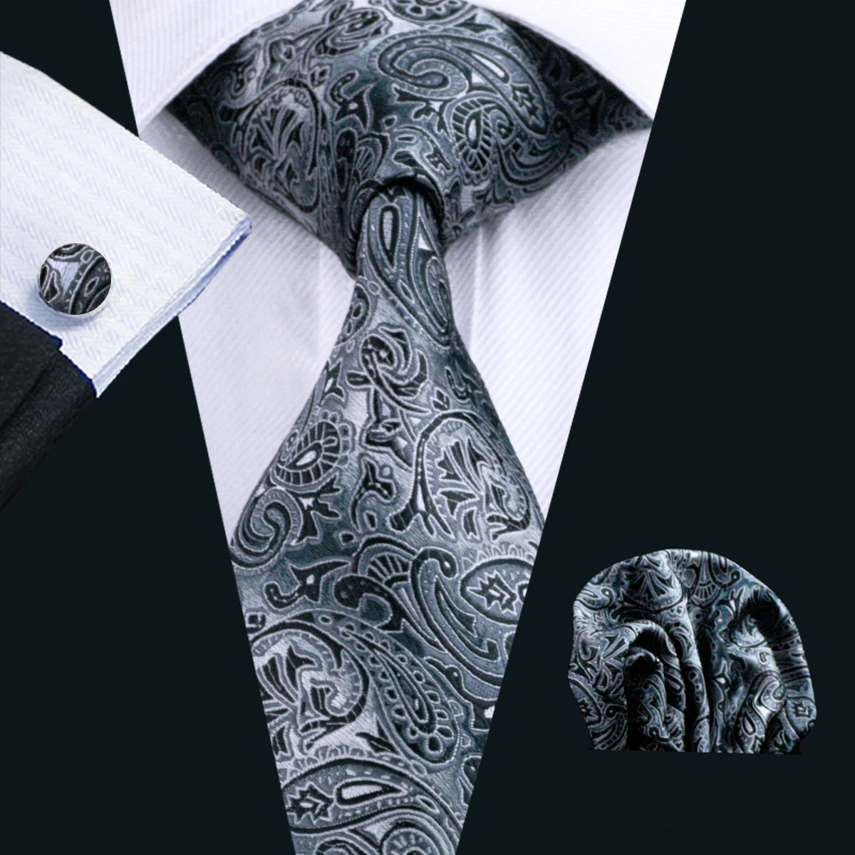 Luxury Men’s Silk Necktie Gift Set with Pocket Square, Cufflinks & Tie Clip