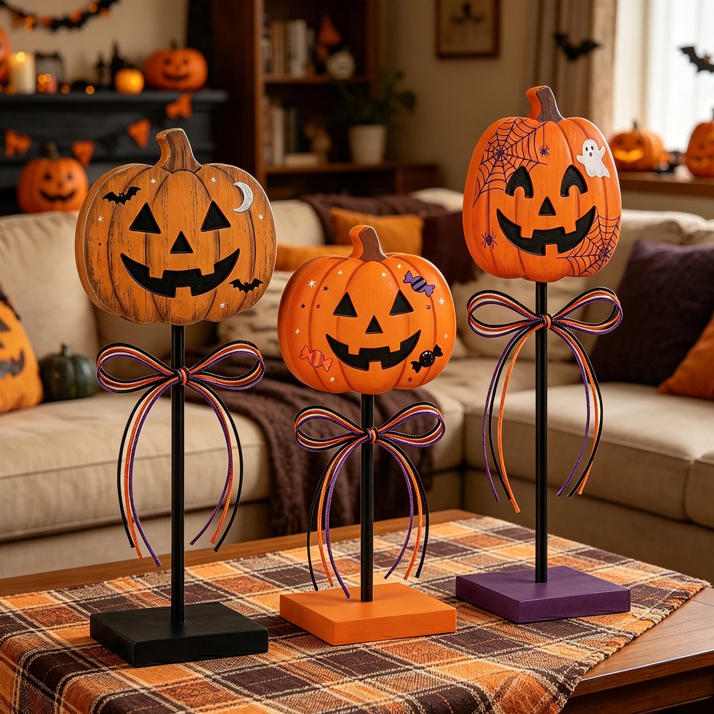 3-Piece Halloween Jack-O’-Lantern Tabletop Décor Set. Rustic Pumpkin Metal Stand Decorations for Fall & Halloween Home Déco