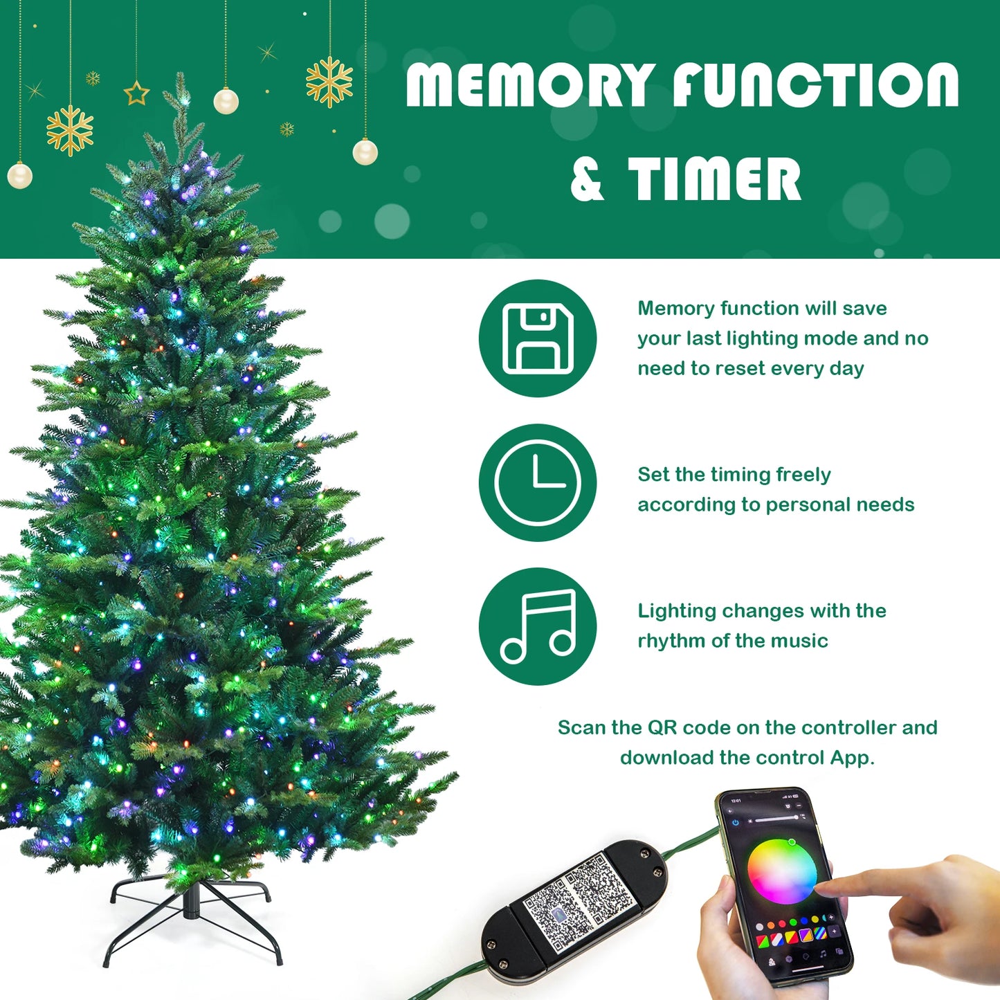 6FT–8FT Smart Pre-Lit Artificial Christmas Tree with App-Controlled LED Lights