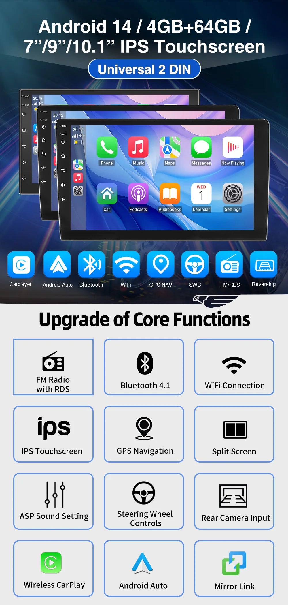 ESSGOO Android 14 Car Stereo  2 DIN Touchscreen with Wireless CarPlay, Android Auto, GPS Navigation & Bluetooth