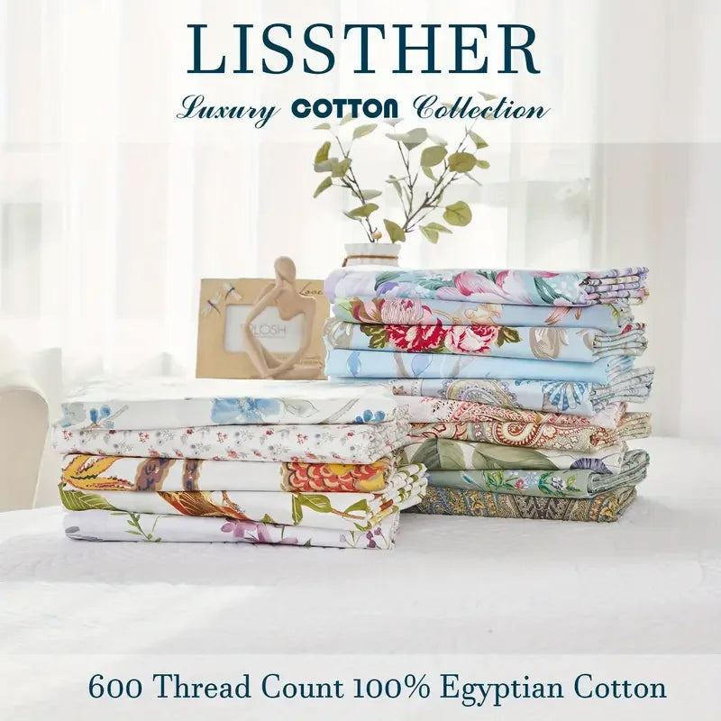 3pcs 600TC 100% Egyptian Cotton Duvet Cover Set, Luxury Colorful Butterfly Design, Soft Skin-Friendly (No Inserts)