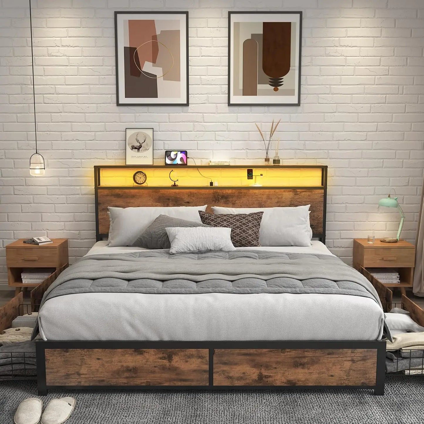 Queen Bed Frame with LED Lights, Charging Station & Storage Headboard