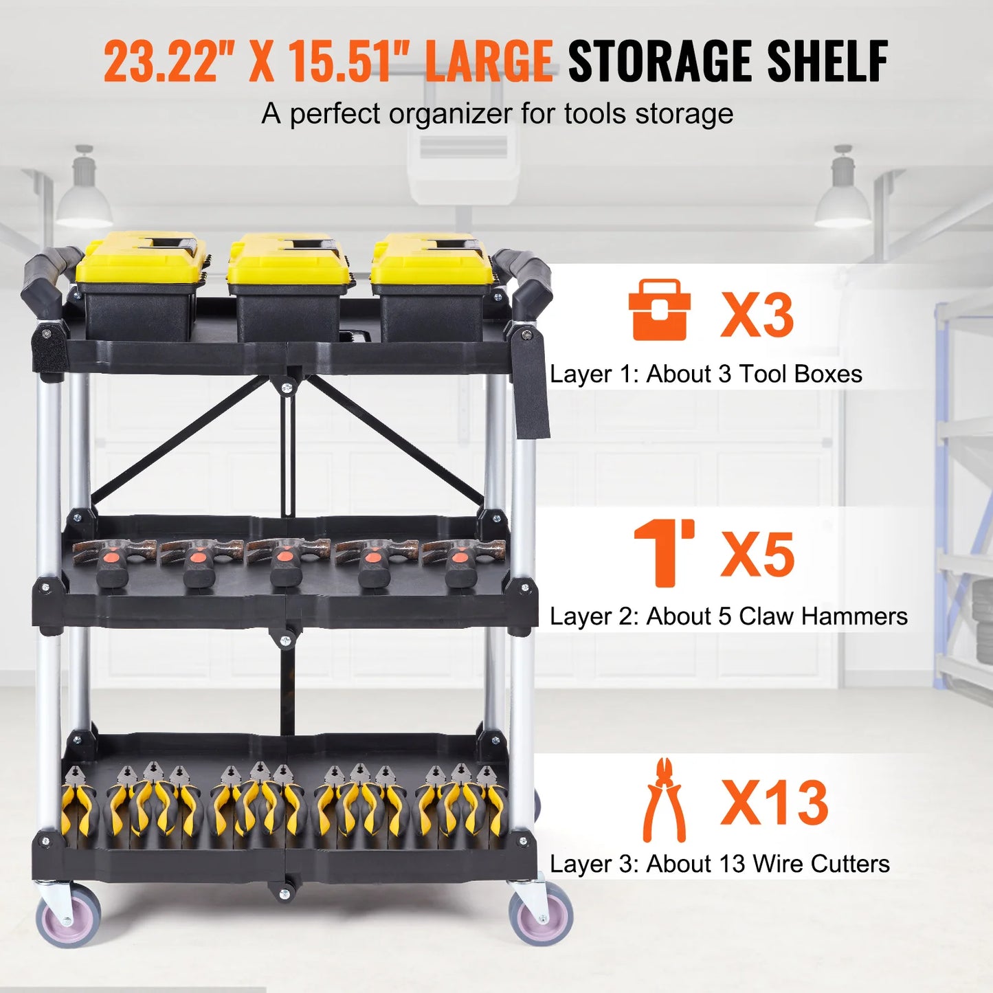 SucceBuy 3-Tier Folding Rolling Utility Cart . Heavy-Duty Mobile Storage Shelf with Wheels for Laundry, Kitchen, Office & Home Organization