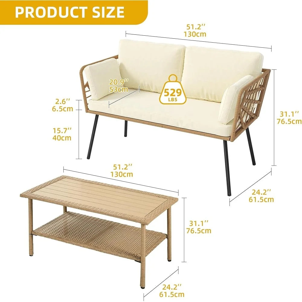 Patio Wicker Rattan Loveseat Set With Cushions Side Table