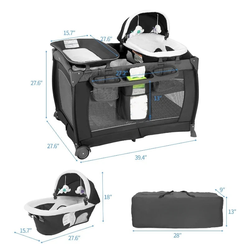 Deluxe Nursery Center Playard Foldable Bassinet Grey Mattress