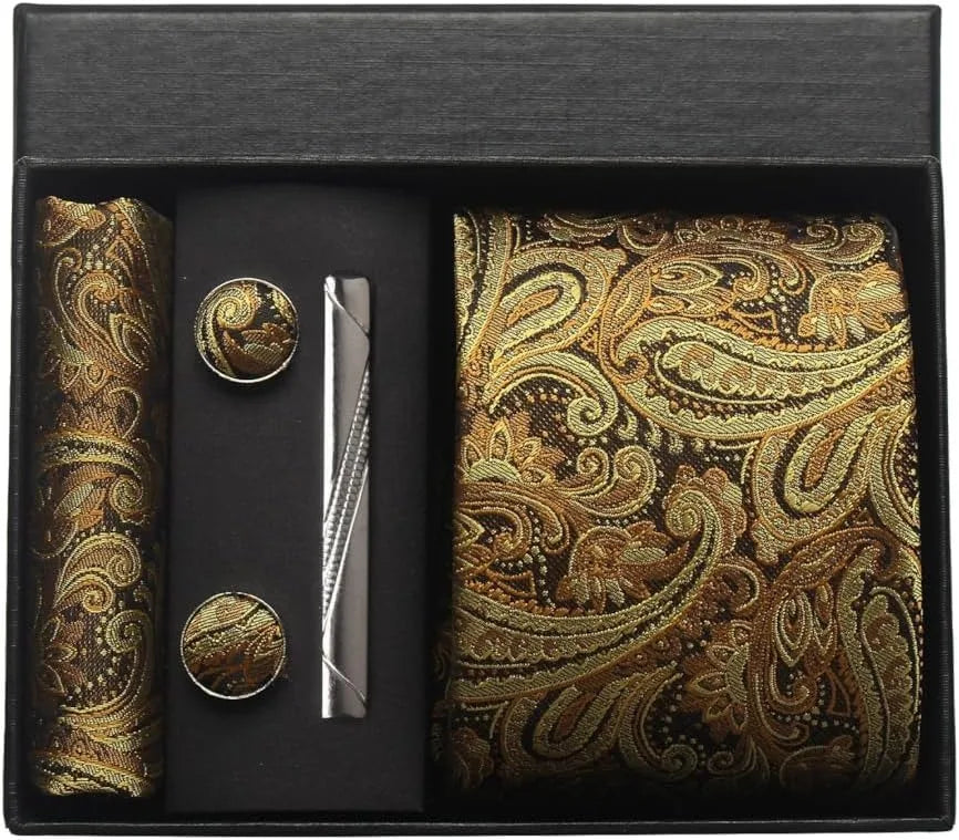Luxury 100% Silk Paisley Floral Men’s Necktie Set | Business Tie with Matching Pocket Square & Formal Accessories