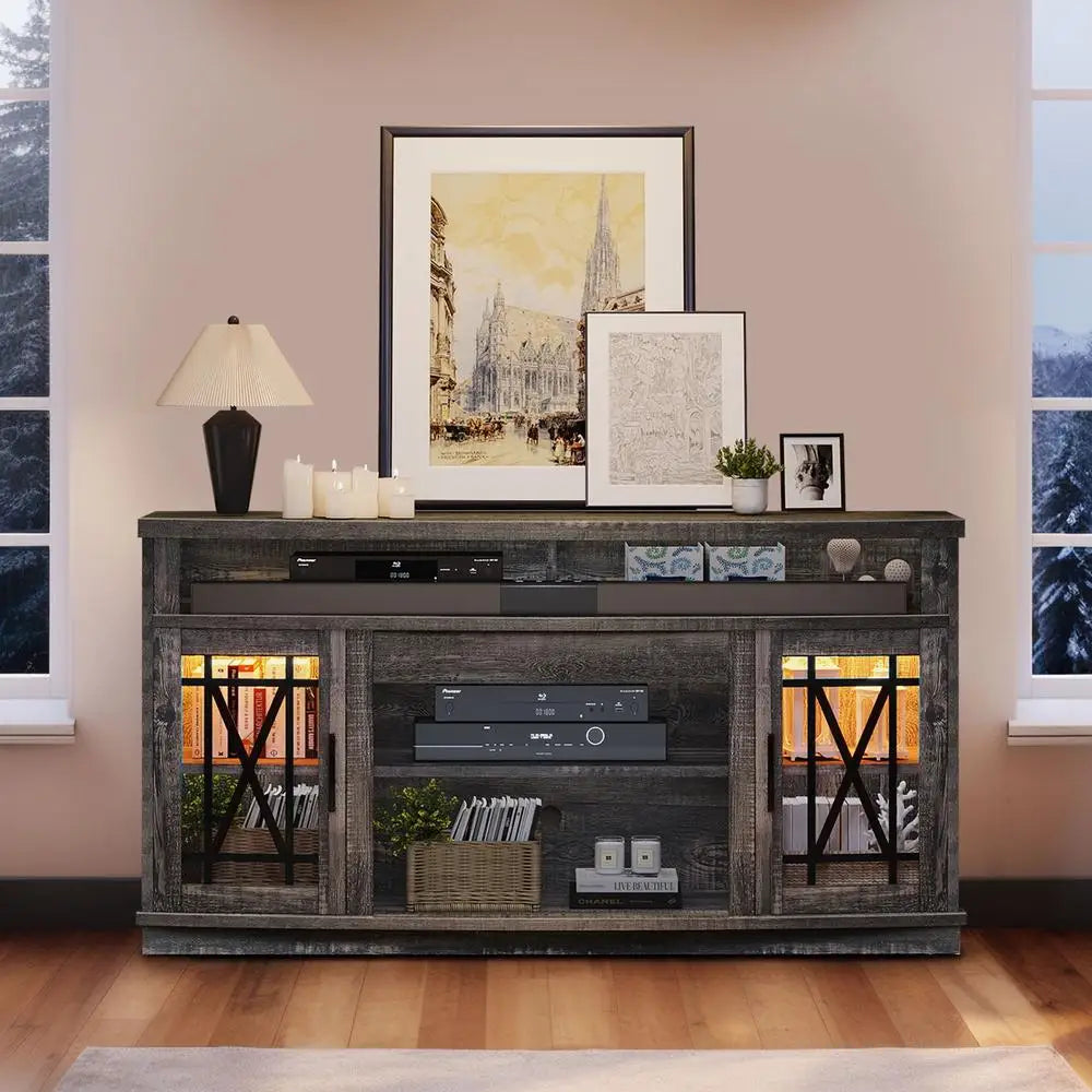 LED TV Stand with Glass Doors Entertainment Center Media Console RGB Light Remote Control Adjustable Shelves Cable Management