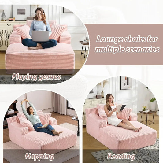 Oversized Chaise Lounge Chair - Corduroy Recliner with Deep Seat & 3 Throw Pillows, Upholstered Sleeper SofaBed for Living Room,