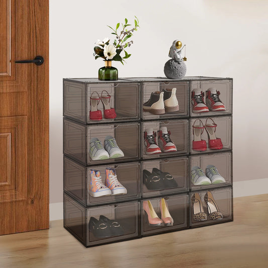 12PCS Stackable Shoe Boxes Free Standing Shoe Containers Multifunctional Acrylic Shoe Display Cabinets with Magnetic Door