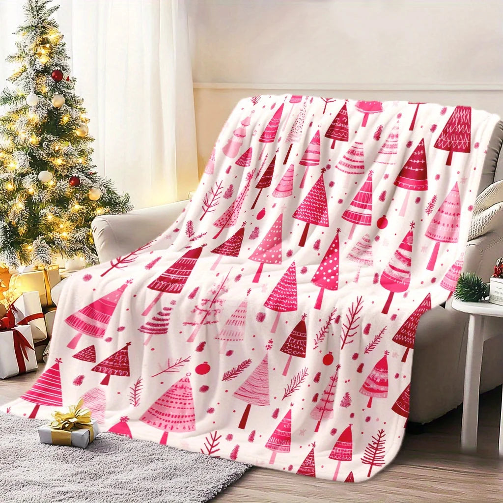 Cozy Pink Christmas Tree Flannel Throw Blanket .Ultra Soft Holiday Blanket for Sofa, Bed & Winter Decor