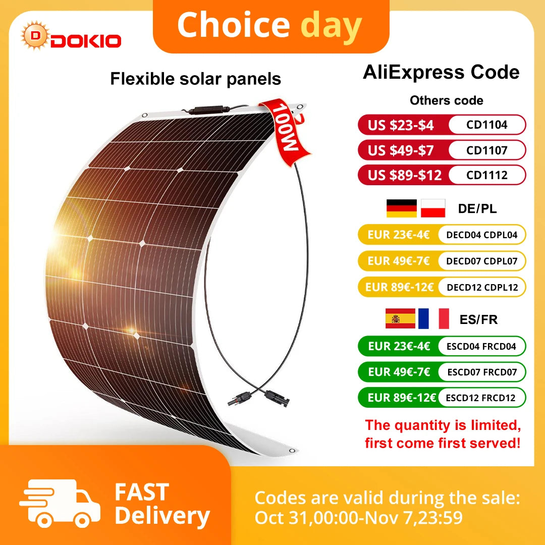 Dokio 18V 100W Flexible Monocrystalline Silicon Solar Panel Rechargeable 12V Battery Waterproof Solar Panel China
