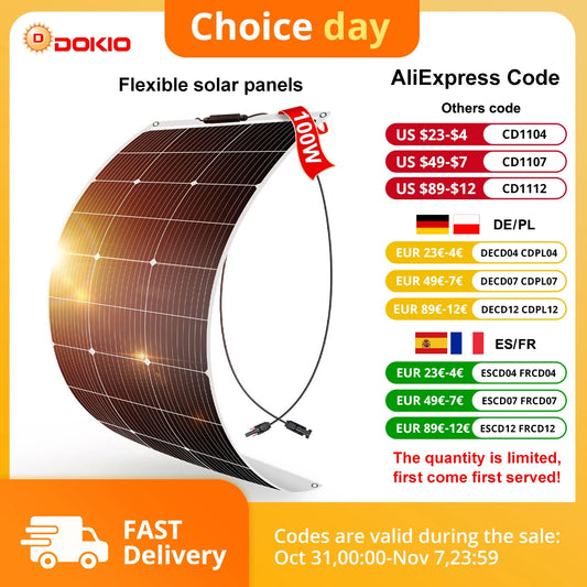 Dokio 18V 100W Flexible Monocrystalline Silicon Solar Panel Rechargeable 12V Battery Waterproof Solar Panel China