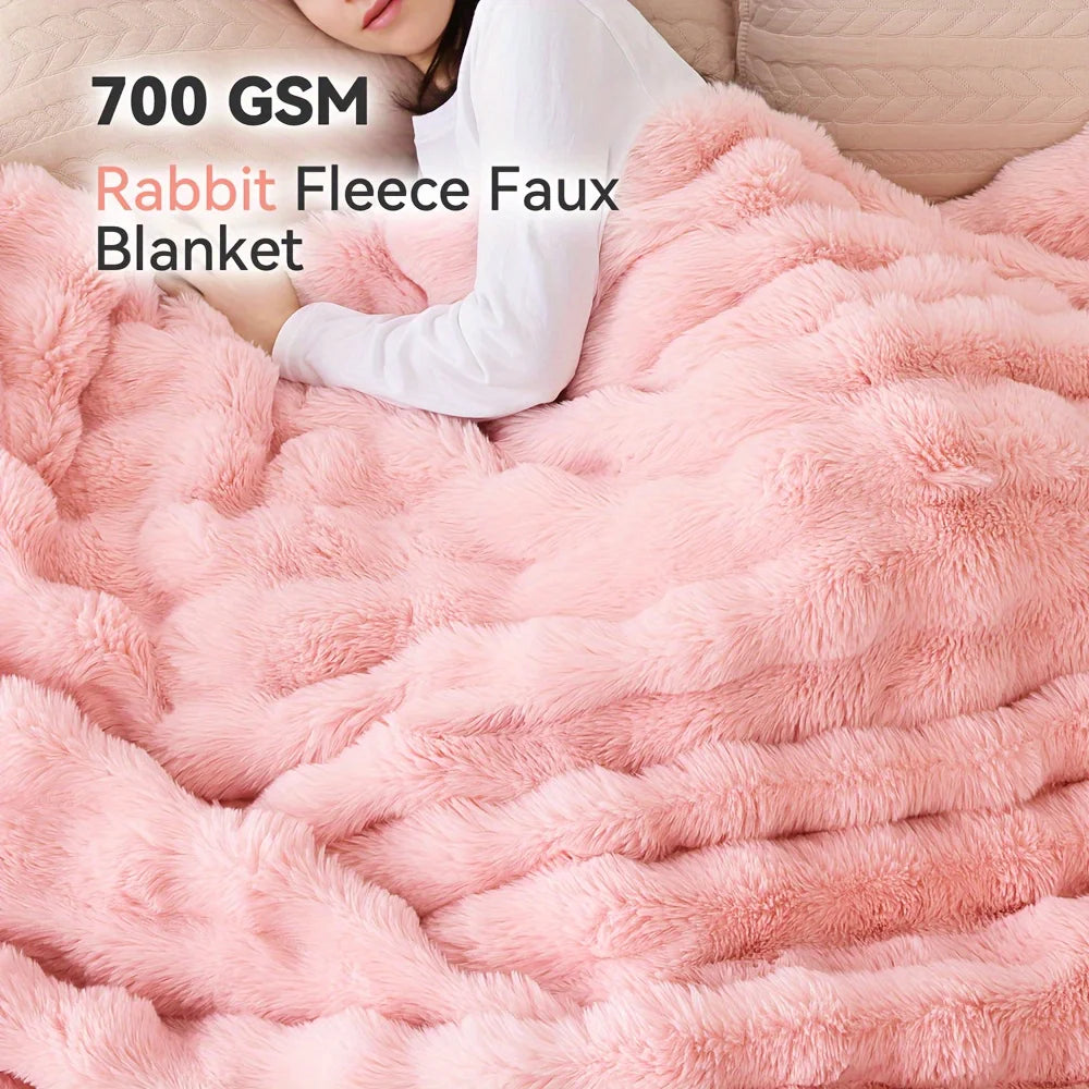 Rabbit Faux Fur Plush Throw Blanket .Ultra Soft Cozy Fleece Blanket for Warm Home Comfor