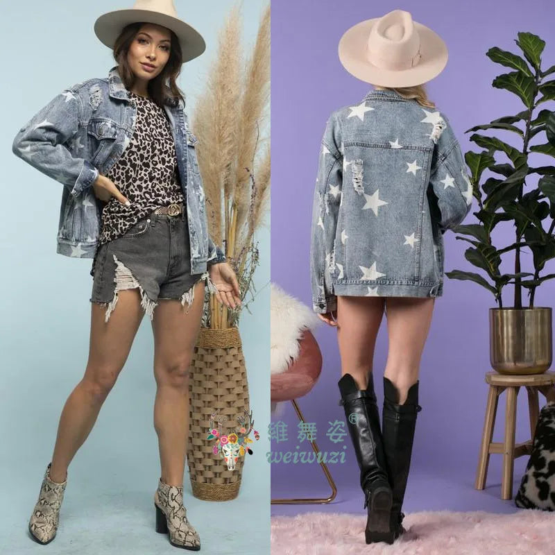 Women Denim Jacket Star Pattern Ripped Detail Casual