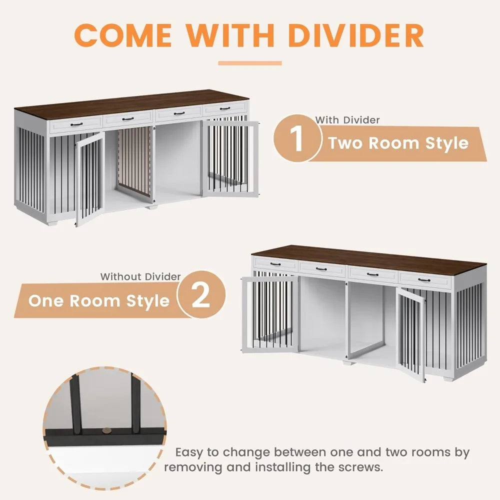 Super Large Dog Crate Furniture, 92.9" Wooden Dog Crate Kennel with 4 Drawers and Divider, XXXL Heavy Duty Dog Crates Cage Furni