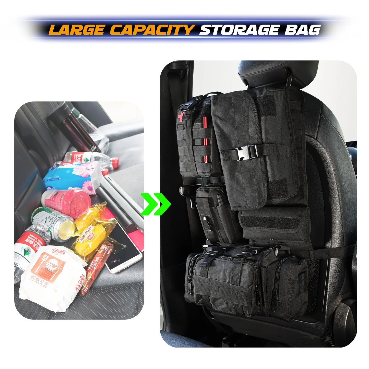 Car Seat Back Molle Organizer Tactical with 5 Molle Pouches Pocket Universal Vehicle Panel Protector Organizer Storage Bag Cover