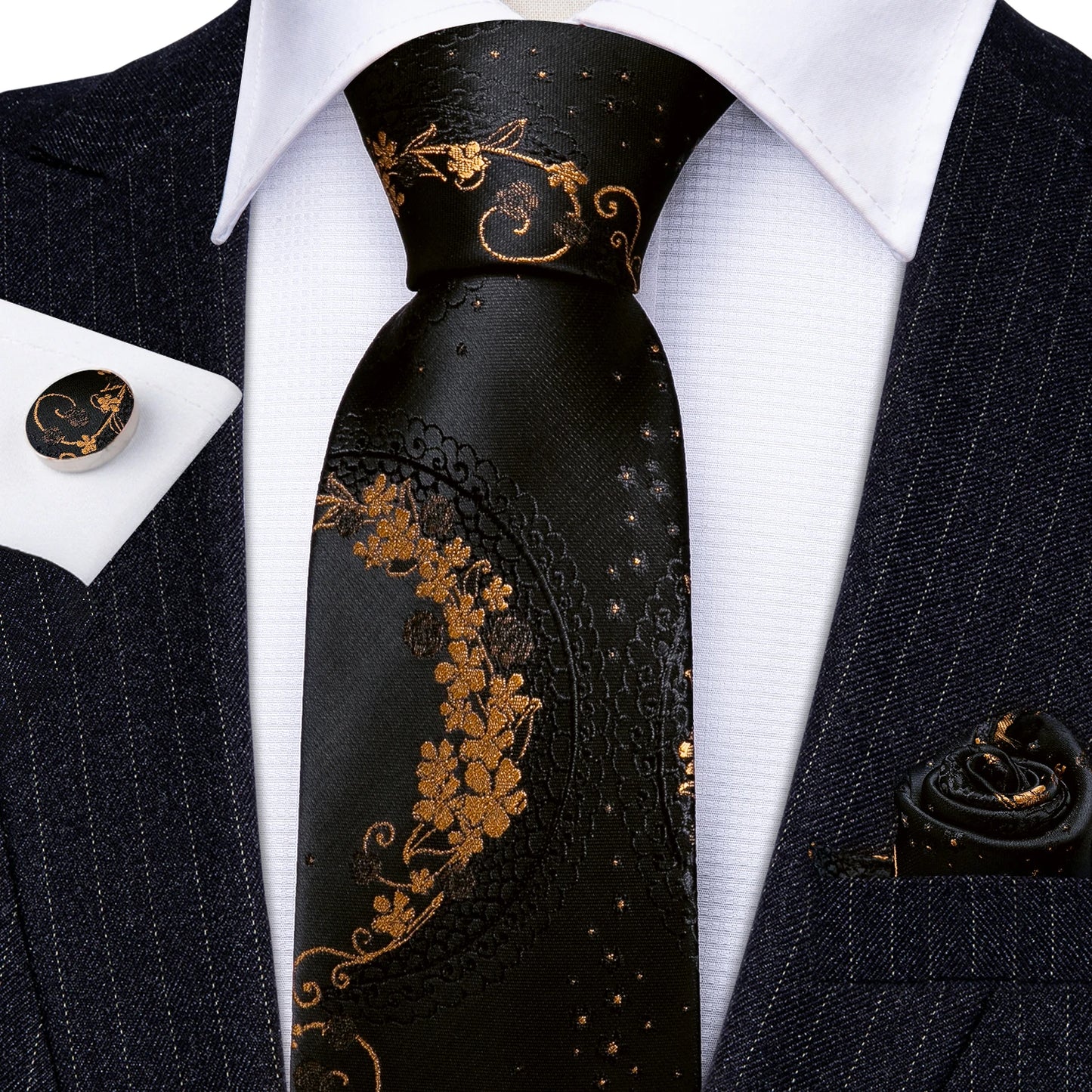 Luxury Black & Gold Floral Men’s Tie Set.Designer Jacquard Necktie & Cufflinks