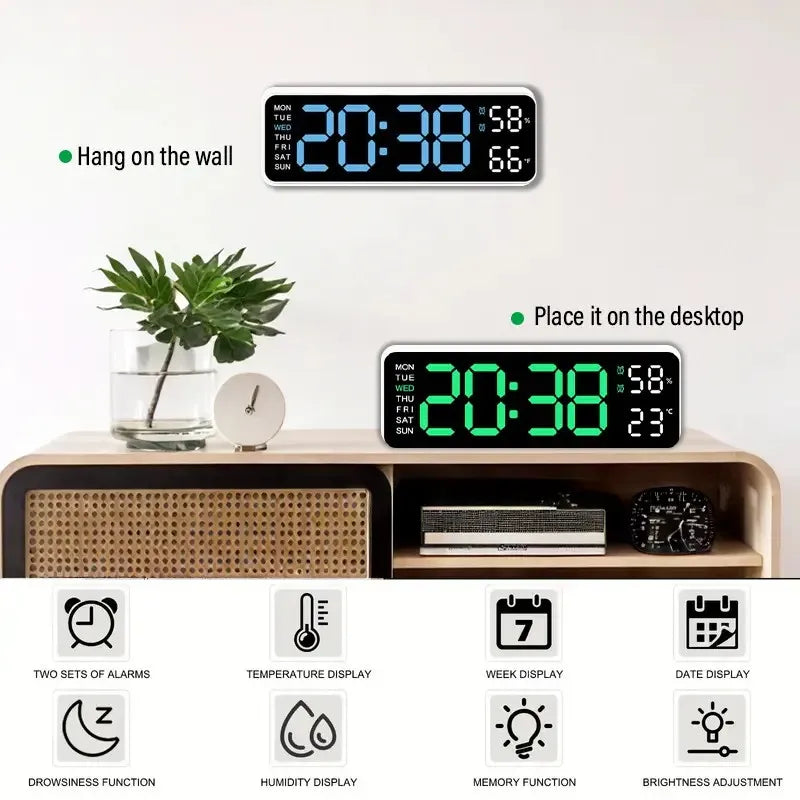 Large LED Digital Wall Clock with Temperature & Humidity Display .Smart Alarm Clock