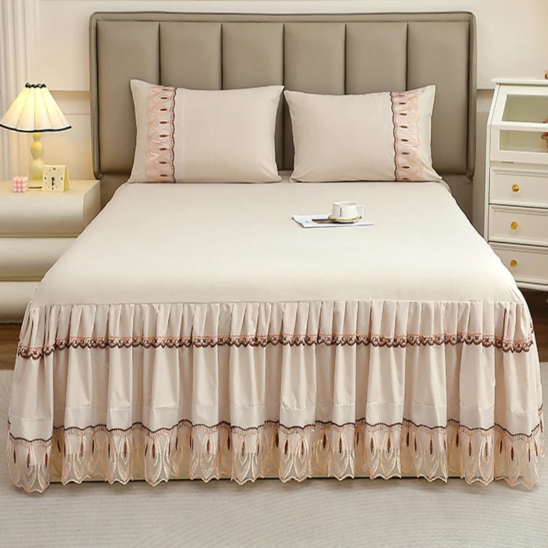 Elegant Solid Color Lace Bed Skirt Set