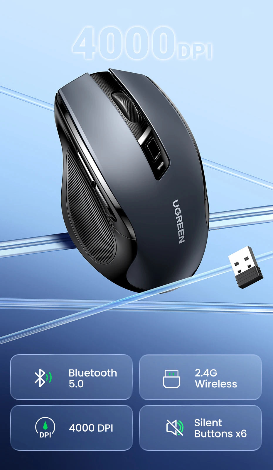 UGREEN Bluetooth Wireless Mouse – Ergonomic Silent Rechargeable Mouse for Laptop & PC