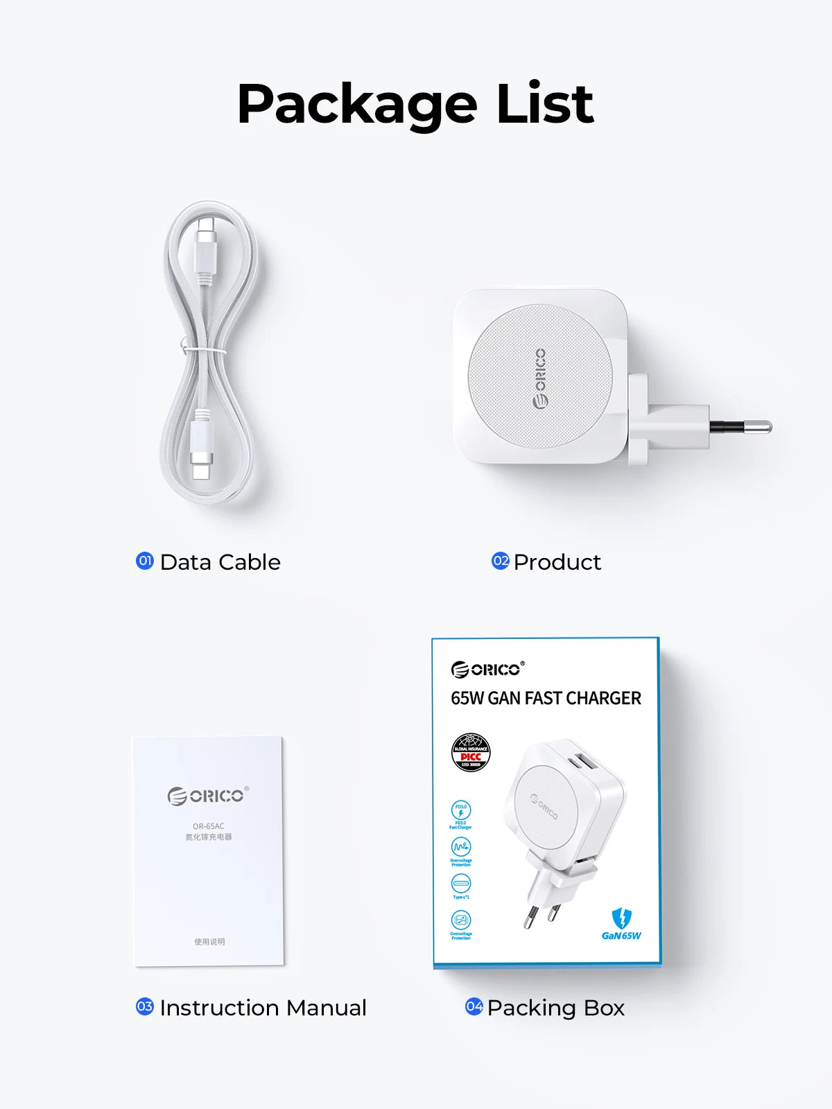 ORICO 65W GaN Charger Fast Charging USB PD Charger Cell Phone Charger Fast Charging Charger Type C for iphone 15/14