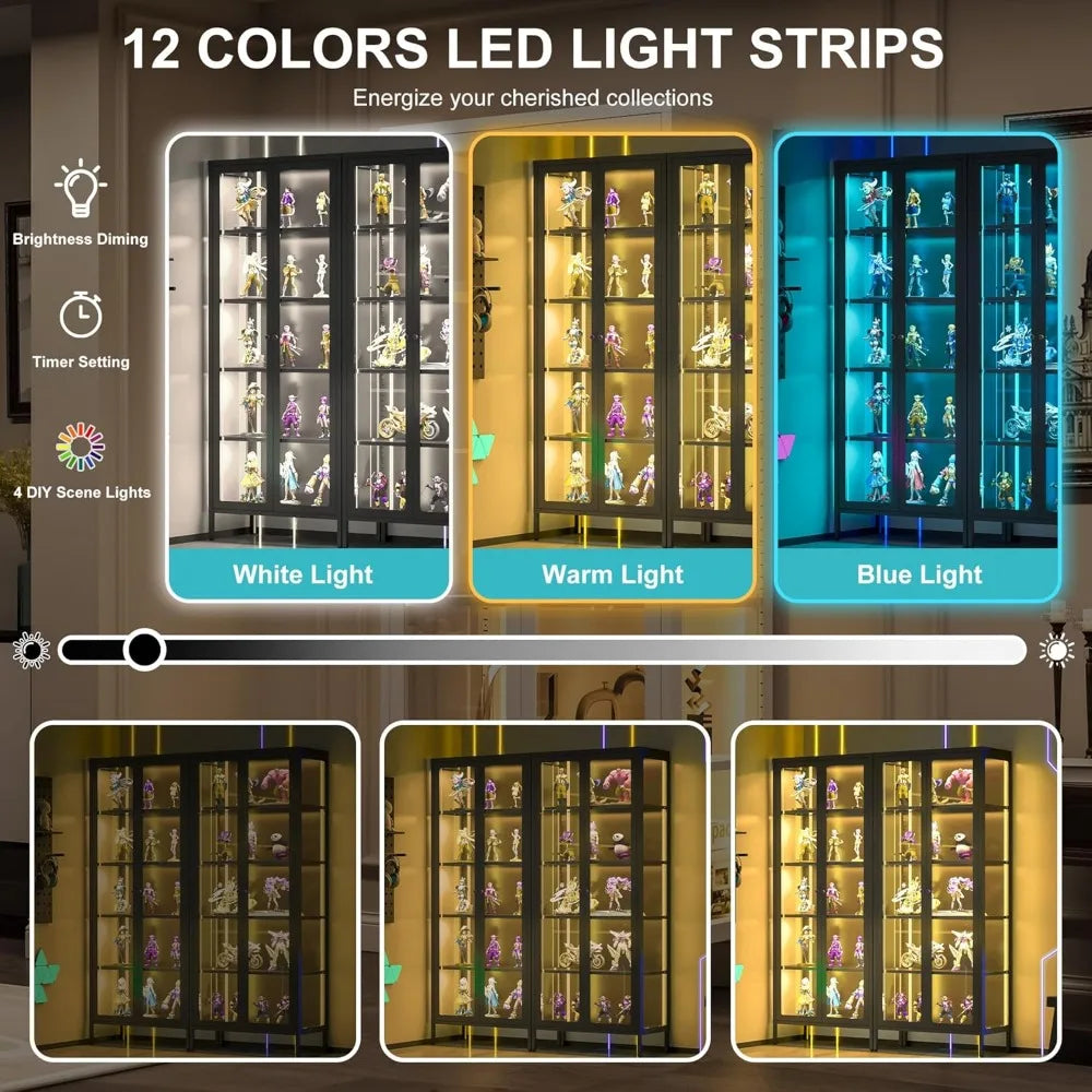 5 Tier Glass Display Cabinet with 12 Color LED Lights, 67" Lighted Curio Cabinet with Glass Doors & Adjustable Shelves,