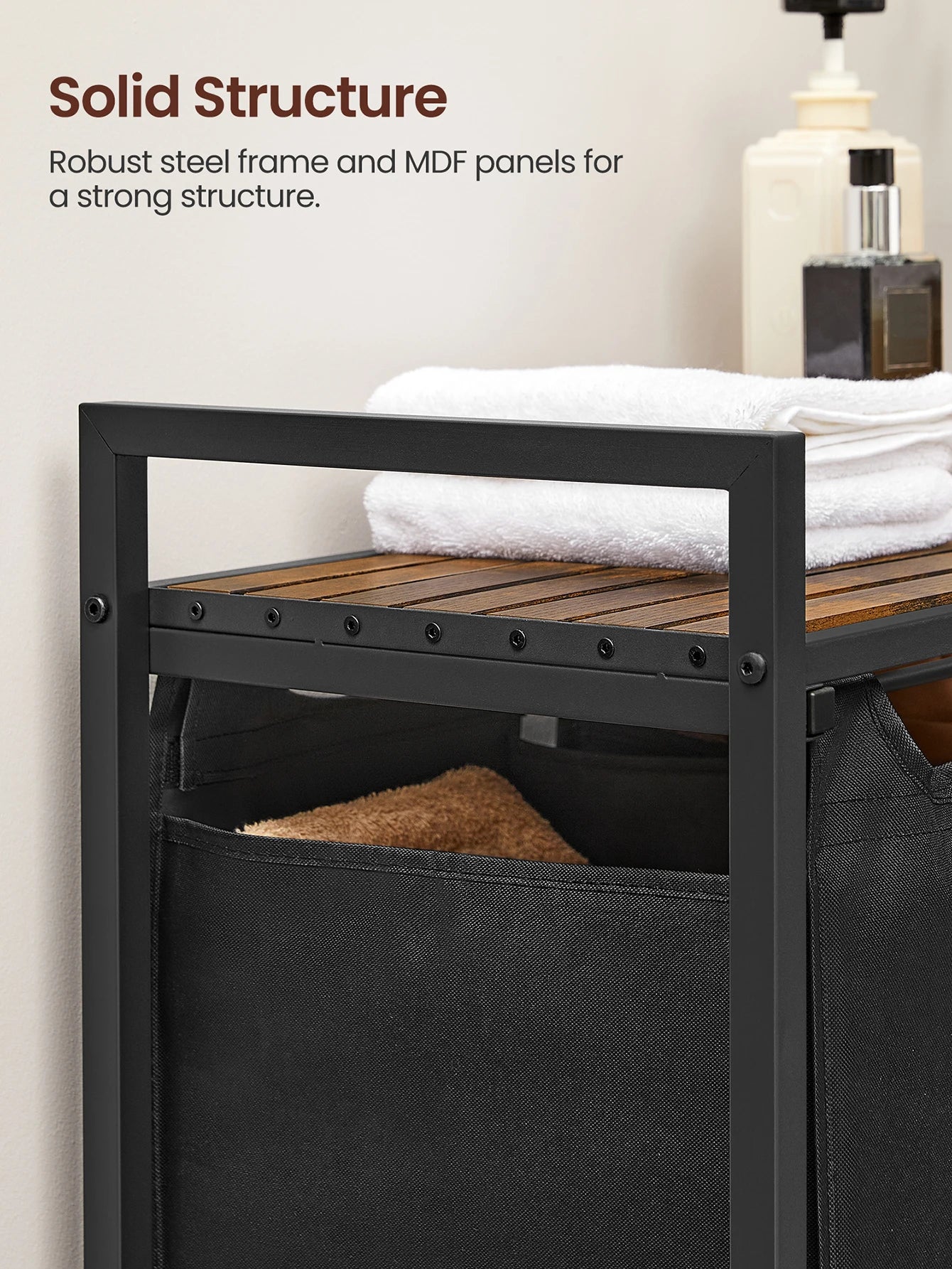 3-Bag Laundry Sorter with Rustic Wood Top. Large Laundry Hamper