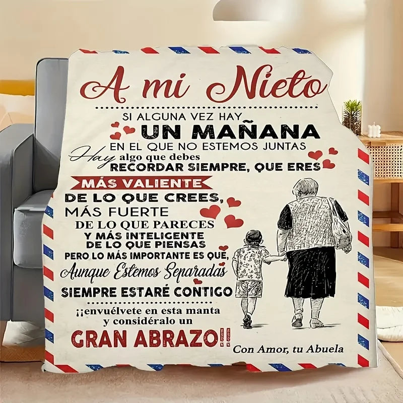 1pc Spanish Printed Letter Blanket, Grandma Flannel Blanket For My Grandson, Soft And Warm Blanket For Nap Blanket For Sofa Couc