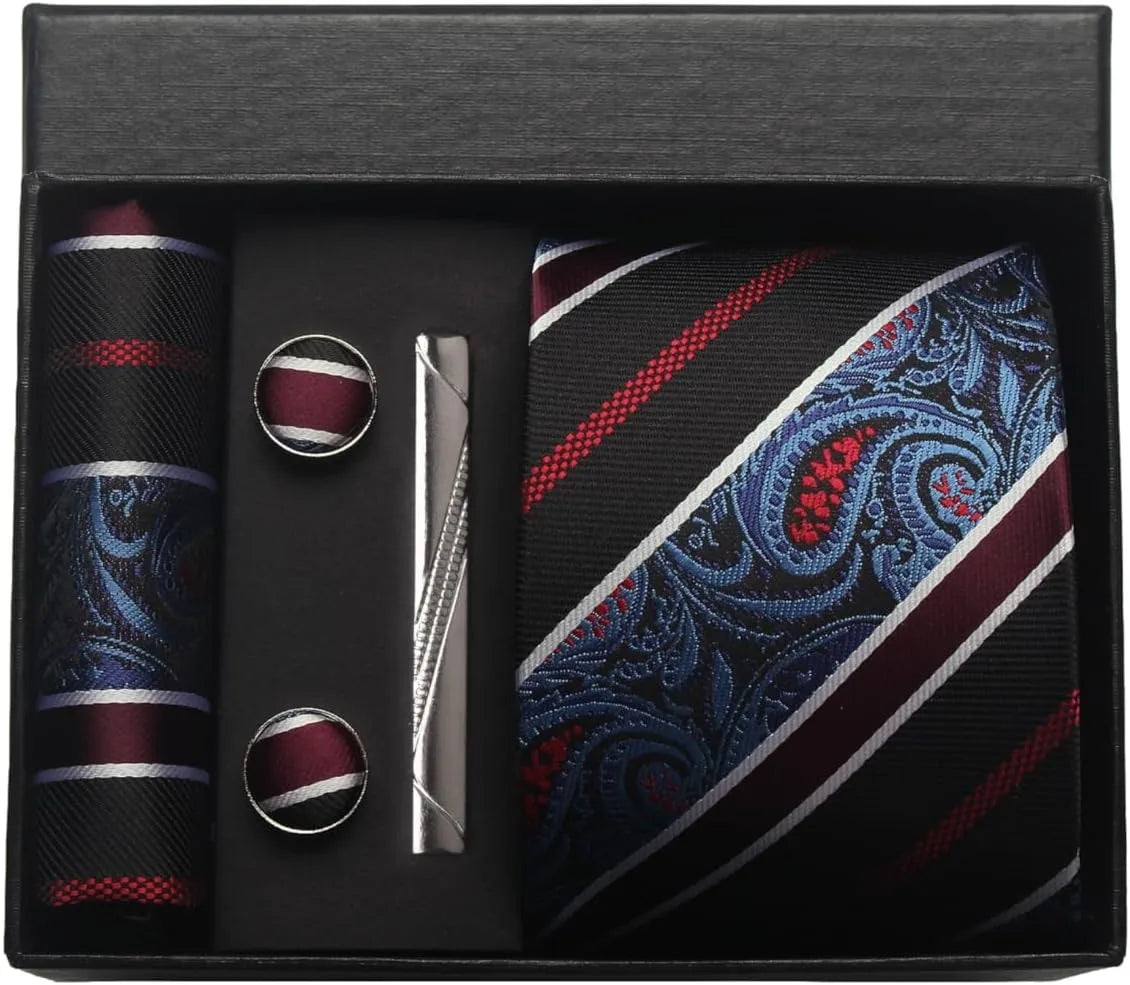 Luxury 100% Silk Paisley Floral Men’s Necktie Set | Business Tie with Matching Pocket Square & Formal Accessories