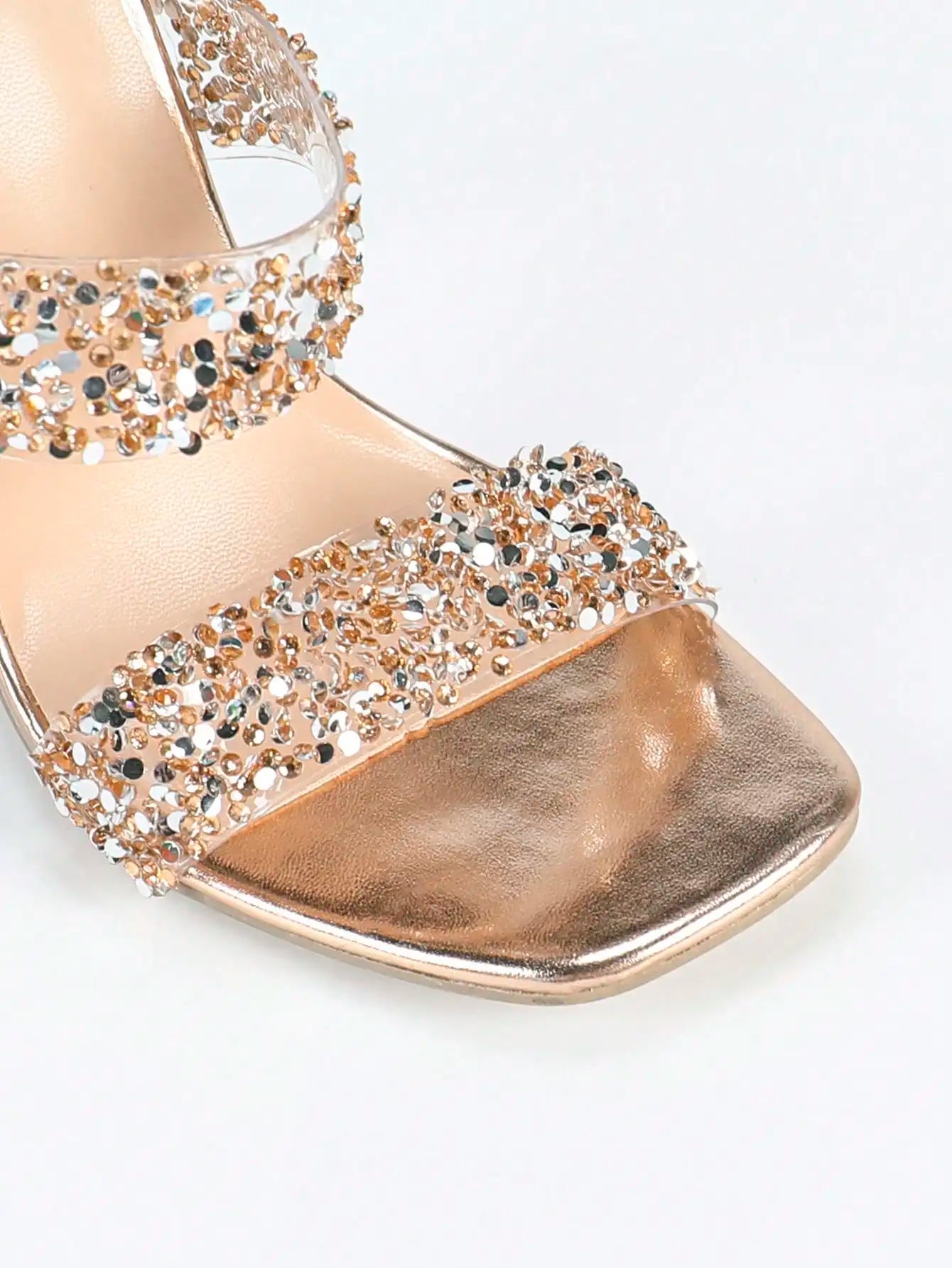 Women Champagne Metallic Stiletto Heel Jelly Sandals With Rhinestones Double Strap Slip-On Square Toe