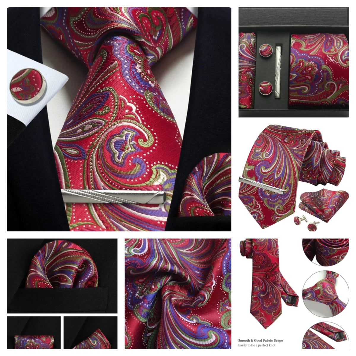 Luxury 100% Silk Paisley Floral Men’s Necktie Set | Business Tie with Matching Pocket Square & Formal Accessories