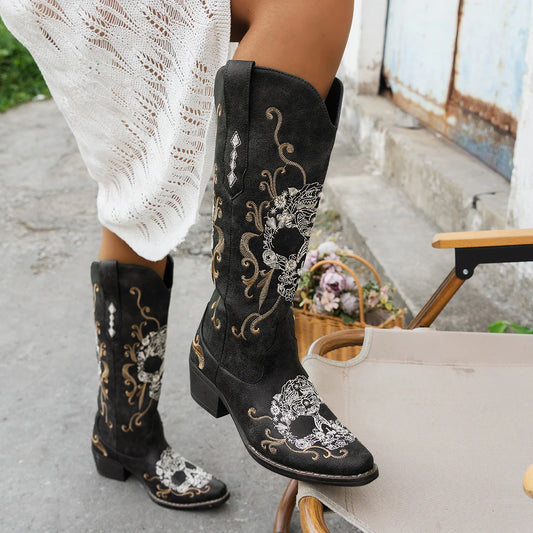 Women’s Embroidered Skull Cowboy Boots – Western Style, Slip-On Mid-Calf Boots, Chunky Heel, Pointed Toe, Vintage Rodeo Cowgirl