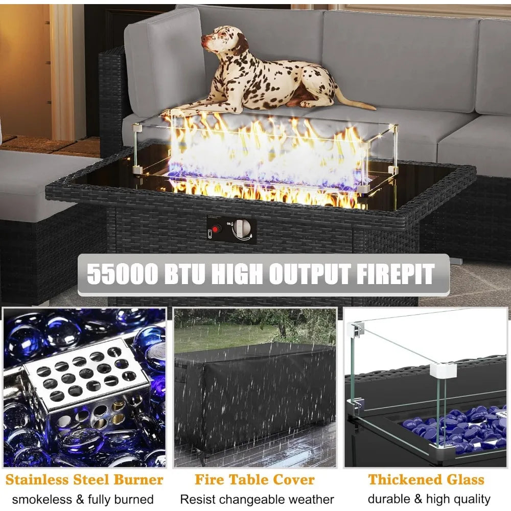 15 Piece Patio Furniture Set with Fire Pit Table, Outdoor Conversation Sets Wicker Rattan Sectional Sofa with Coffee Table.